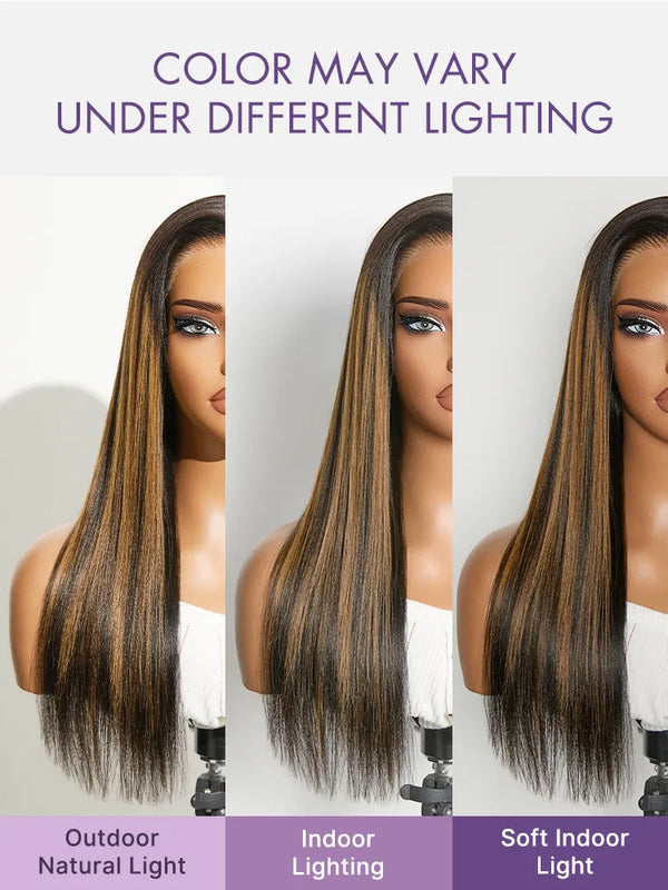 Luvme All-Day Comfort Black with Honey Blonde Highlights Yaki Straight 7x6 Closure HD Lace Glueless Wig Pre-Cut Lace
