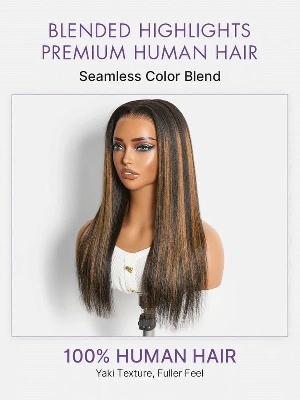 Luvme All-Day Comfort Black with Honey Blonde Highlights Yaki Straight 7x6 Closure HD Lace Glueless Wig Pre-Cut Lace