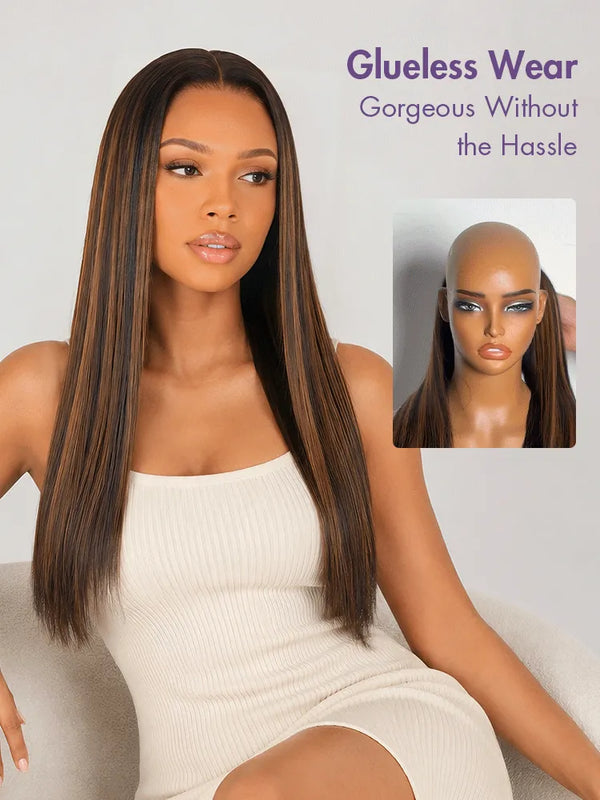 Luvme All-Day Comfort Black with Honey Blonde Highlights Yaki Straight 7x6 Closure HD Lace Glueless Wig Pre-Cut Lace