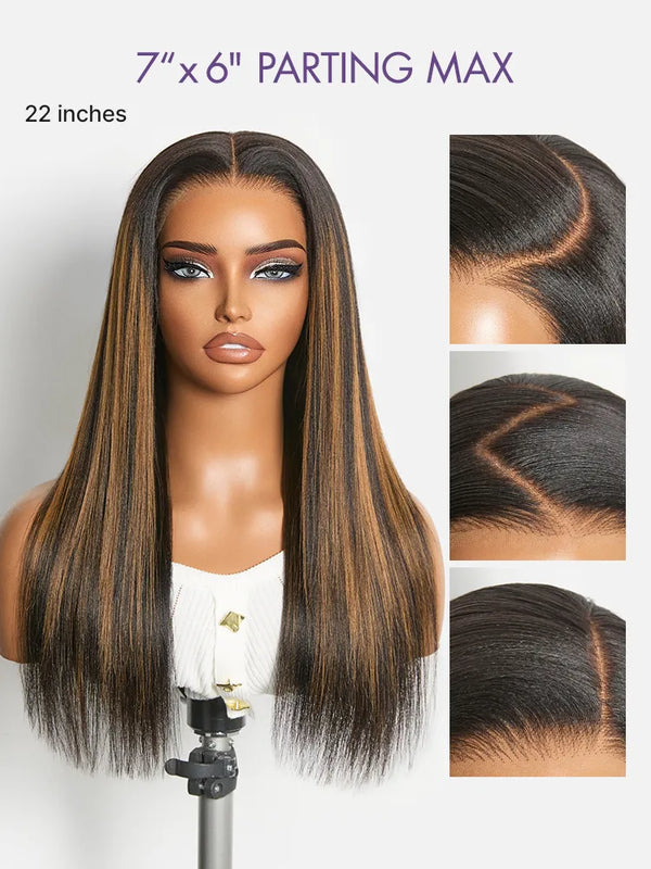 Luvme All-Day Comfort Black with Honey Blonde Highlights Yaki Straight 7x6 Closure HD Lace Glueless Wig Pre-Cut Lace