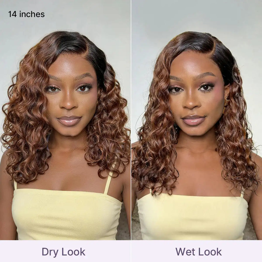 Ready to Go Ombre Brown Water Wave Short Curly Bob Wig Glueless Minimalist HD Lace Wig Pre-Cut Lace