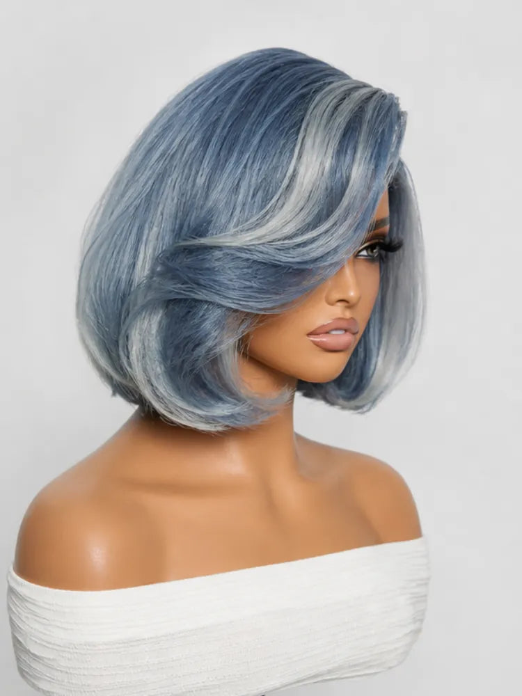PreMax Wigs | Super Natural Hairline Smoky Blue with Silver Bob Glueless 13x4 Frontal Lace Human Hair Short Wig Pre-Cut Lace