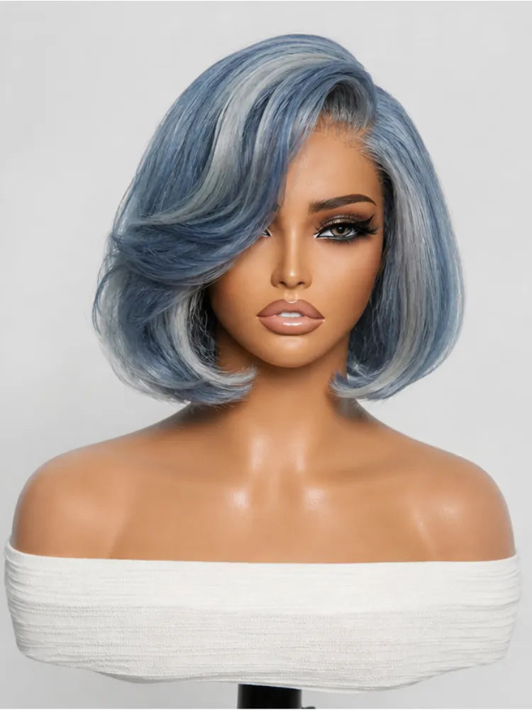 PreMax Wigs | Super Natural Hairline Smoky Blue with Silver Bob Glueless 13x4 Frontal Lace Human Hair Short Wig Pre-Cut Lace Main image
