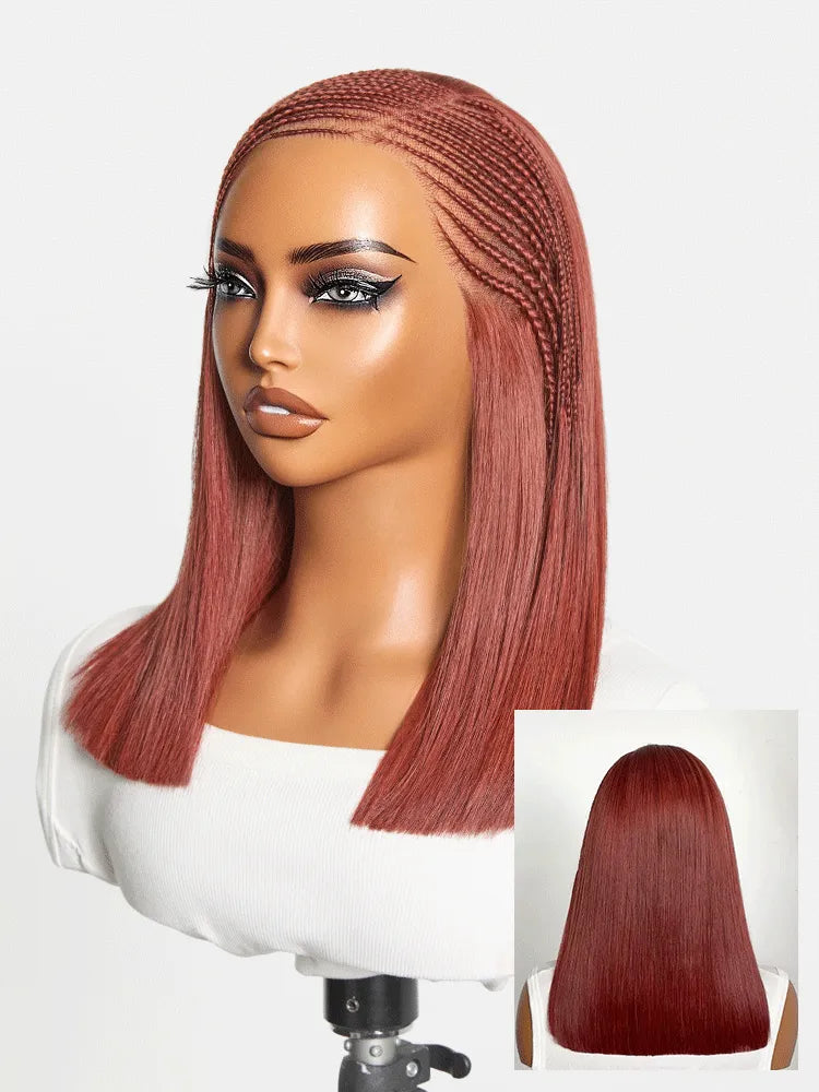 Trendy Copper Red Fulani Braids Straight 13x4 Frontal Lace Bob Wig Pre-cut Lace Drawstring Cap Main image