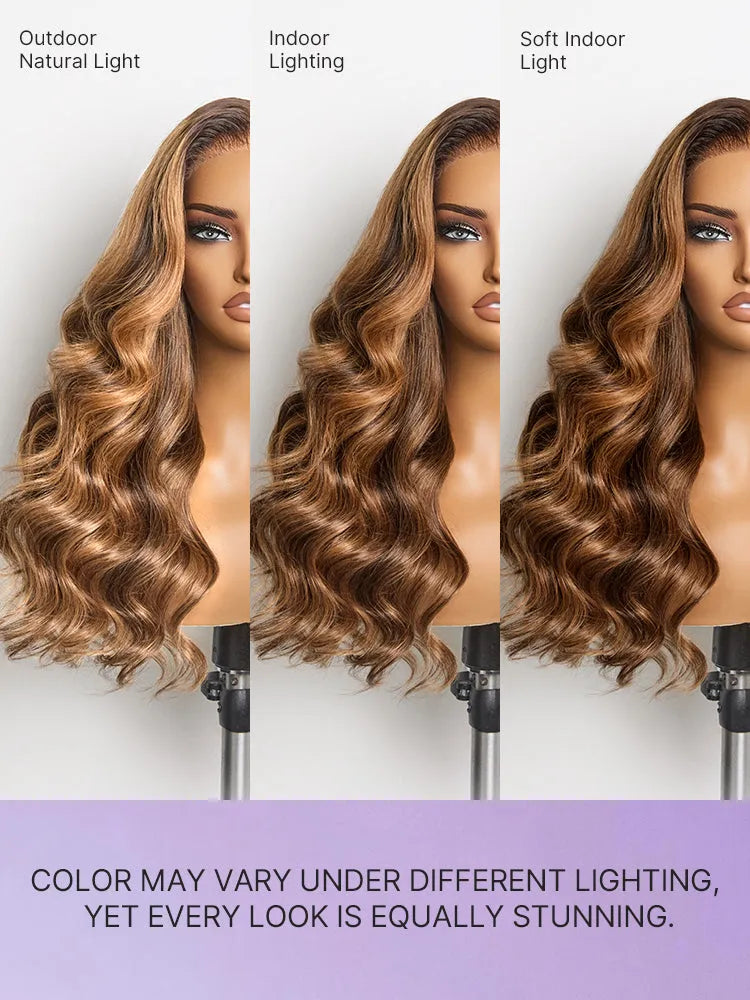 Sun-Kissed Warm Tone Brown with Blonde Highlights 180% Density Loose Wave Glueless 5x5 Closure Lace Wig Pre-Cut Lace