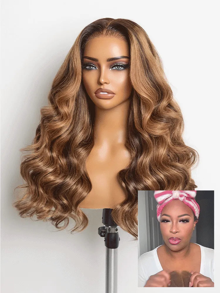 Sun-Kissed Warm Tone Brown with Blonde Highlights 180% Density Loose Wave Glueless 5x5 Closure Lace Wig Pre-Cut Lace Main image