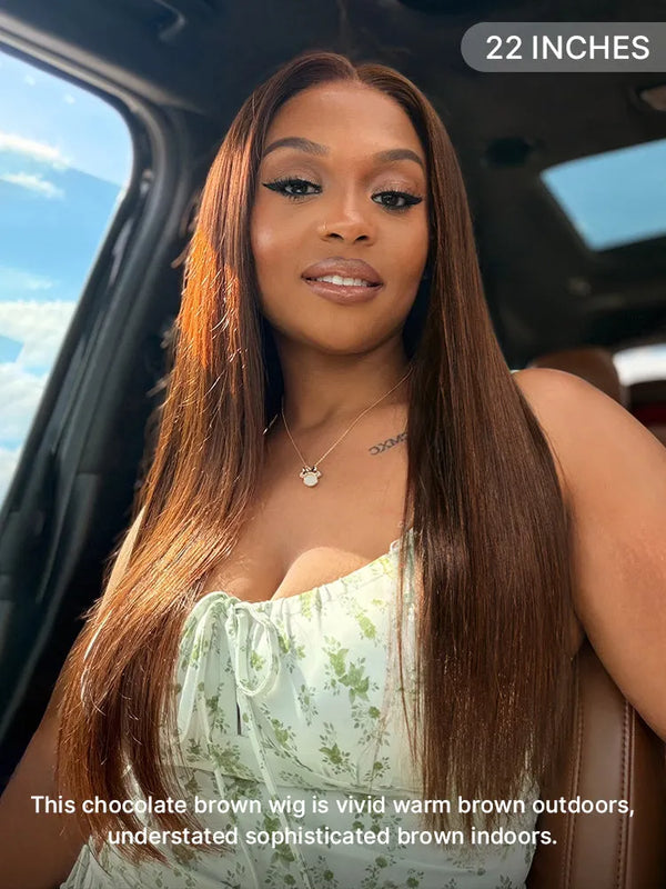 Rich Chocolate Brown Silky Straight 180% Density Glueless 13x4 Lace Frontal Wig Pre-Cut Lace