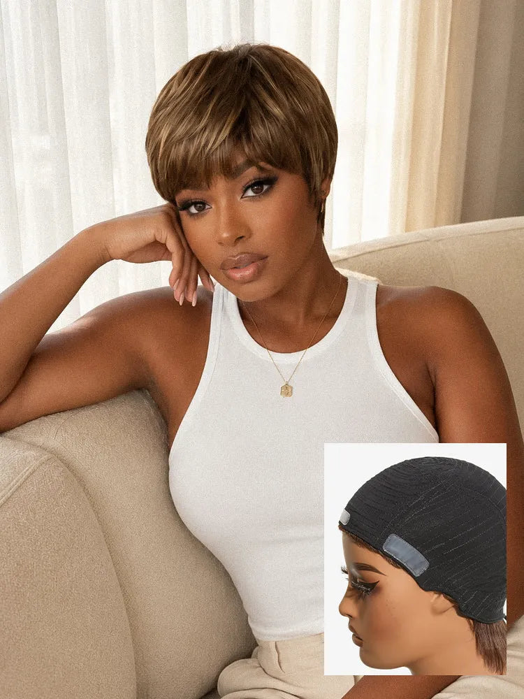 Throw On & Go Light Blonde Short Cut with Bangs Wig Ultra Comfort Skin-Like Soft Care Glueless Wig Main image