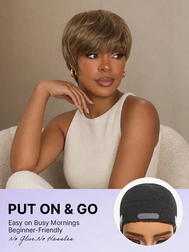 Throw On & Go Light Blonde Short Cut with Bangs Wig Ultra Comfort Skin-Like Soft Care Glueless Wig Secondary image