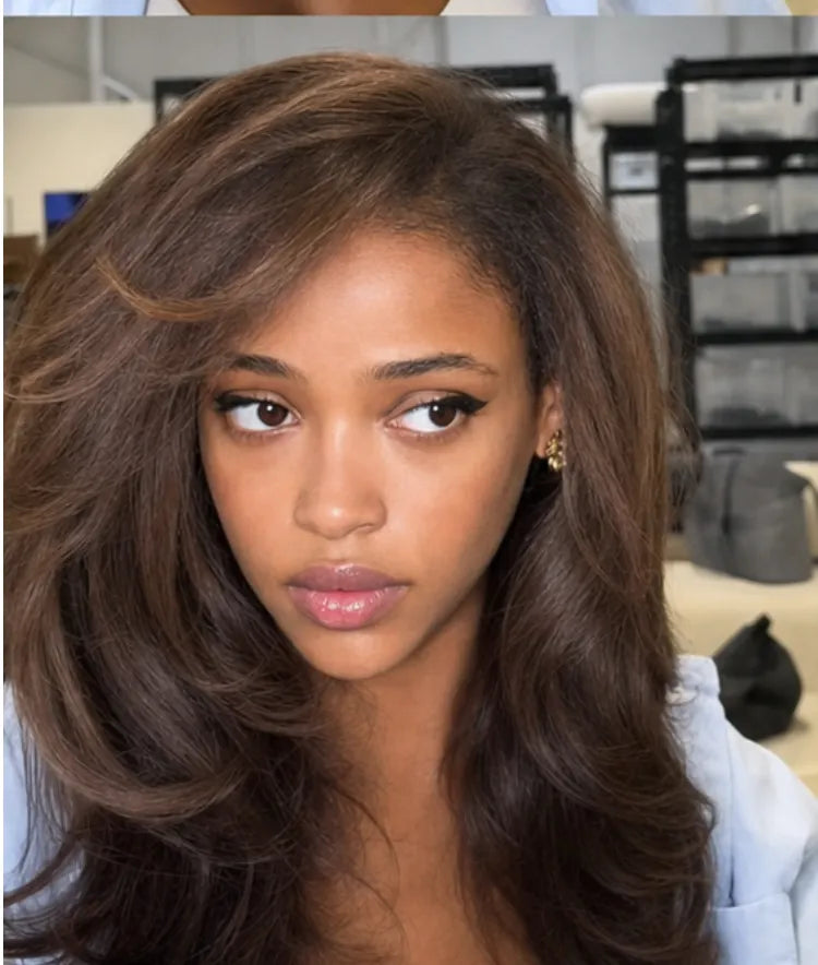 Luvme Chestnut Brown With Honey Blonde Highlights Yaki Body Wave Layer Cut half Wig Main image