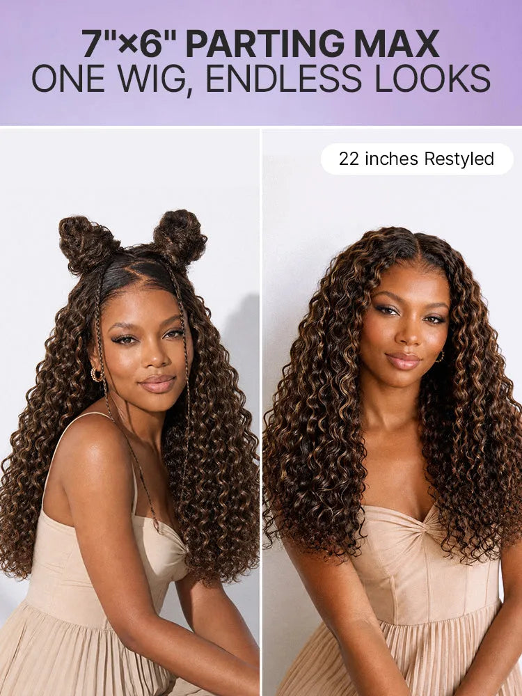 Luvme All-Day Comfort™ Wig PartingMax Brown Highlights Funmi Curly 7x6 Closure HD Lace Glueless Wig Pre Cut Lace