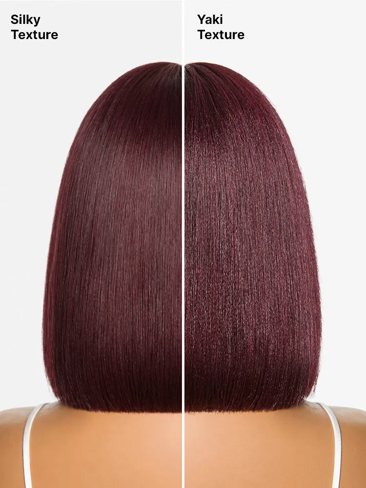 Put On and Go Reddish Purple Layered Cut Yaki Straight Minimalist Lace Bob Wig with Bangs All-Day Comfort Cap
