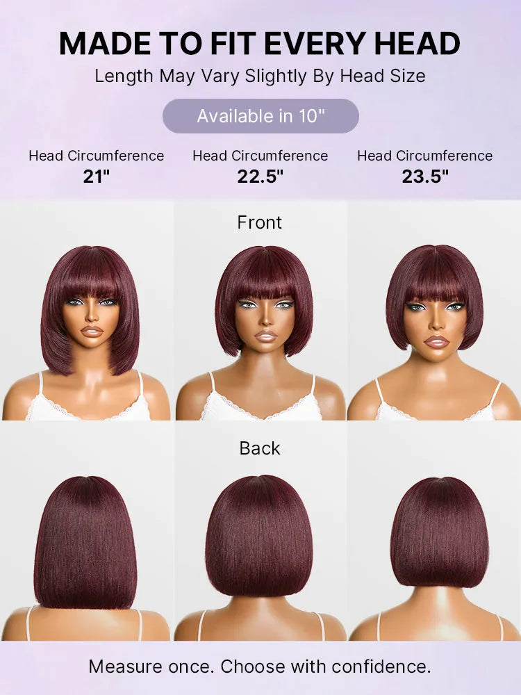 Put On and Go Reddish Purple Layered Cut Yaki Straight Minimalist Lace Bob Wig with Bangs All-Day Comfort Cap