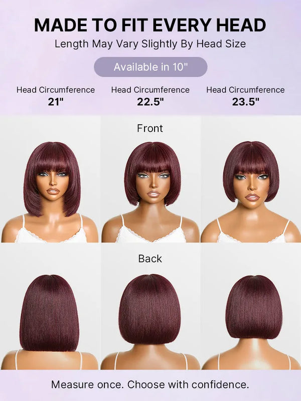 Put On and Go Reddish Purple Layered Cut Yaki Straight Minimalist Lace Bob Wig with Bangs All-Day Comfort Cap