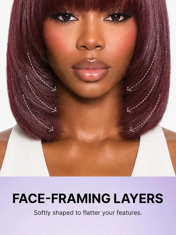Put On and Go Reddish Purple Layered Cut Yaki Straight Minimalist Lace Bob Wig with Bangs All-Day Comfort Cap