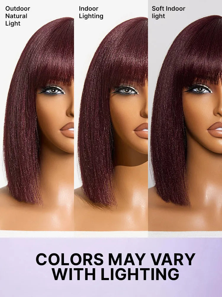 Reddish Purple Realistic Glueless Yaki Straight Bob with Bangs Minimalist Lace Bob Wig All-Day Comfort Cap