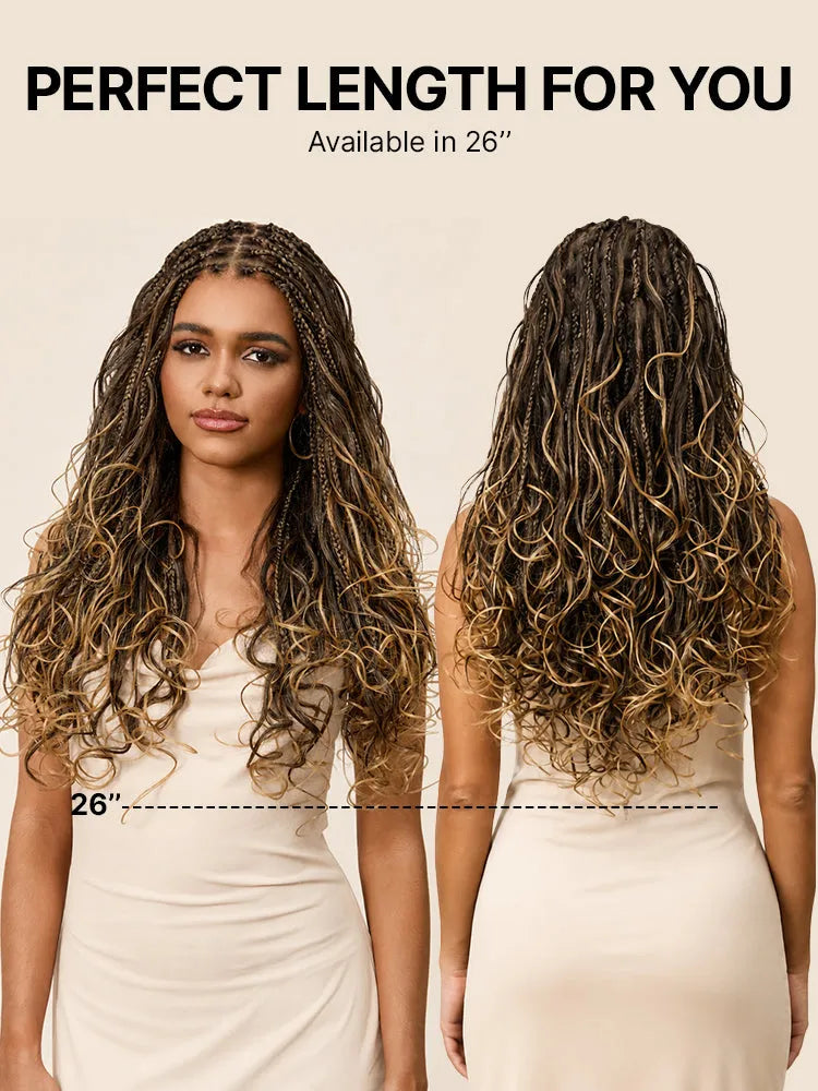 OwnScalp™Ombre Honey Blonde French Curl Knotless Boho Braids HD Full Lace Long Wig Flexi Fit Invisi Drawstring Cap - US Only