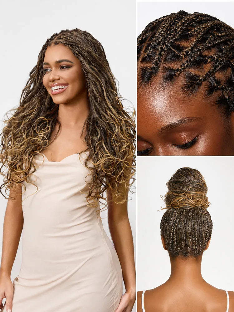 OwnScalp™Ombre Honey Blonde French Curl Knotless Boho Braids HD Full Lace Long Wig Flexi Fit Invisi Drawstring Cap - US Only Main image