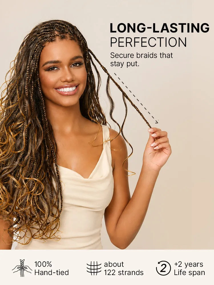 OwnScalp™Ombre Honey Blonde French Curl Knotless Boho Braids HD Full Lace Long Wig Flexi Fit Invisi Drawstring Cap - US Only