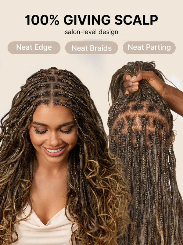 OwnScalp™Ombre Honey Blonde French Curl Knotless Boho Braids HD Full Lace Long Wig Flexi Fit Invisi Drawstring Cap - US Only