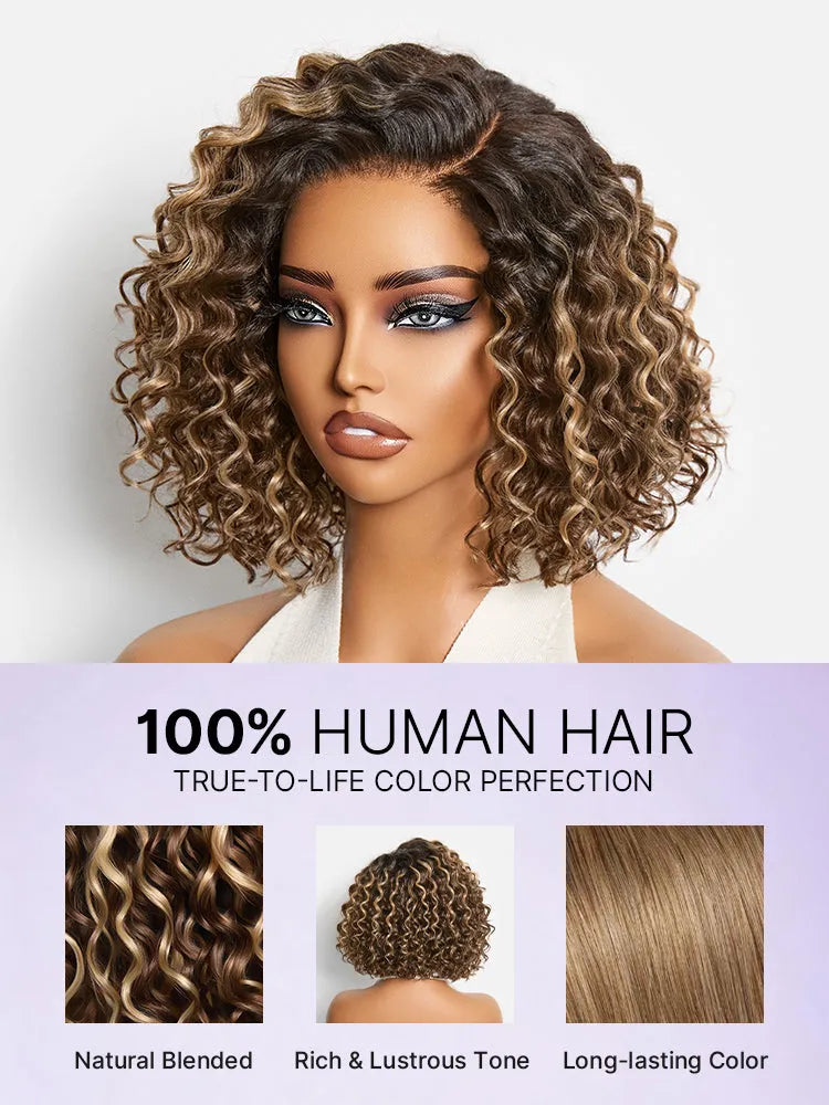 Ready to Go Blonde Highlight / Natural Black / Ombre Brown Water Wave Short Curly Bob Wig Glueless Minimalist HD Lace Wig Pre-Cut Lace Secondary image