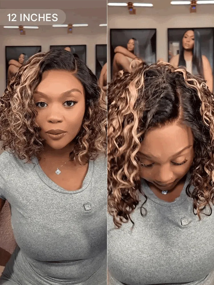 Ready to Go Blonde Highlight / Natural Black / Ombre Brown Water Wave Short Curly Bob Wig Glueless Minimalist HD Lace Wig Pre-Cut Lace