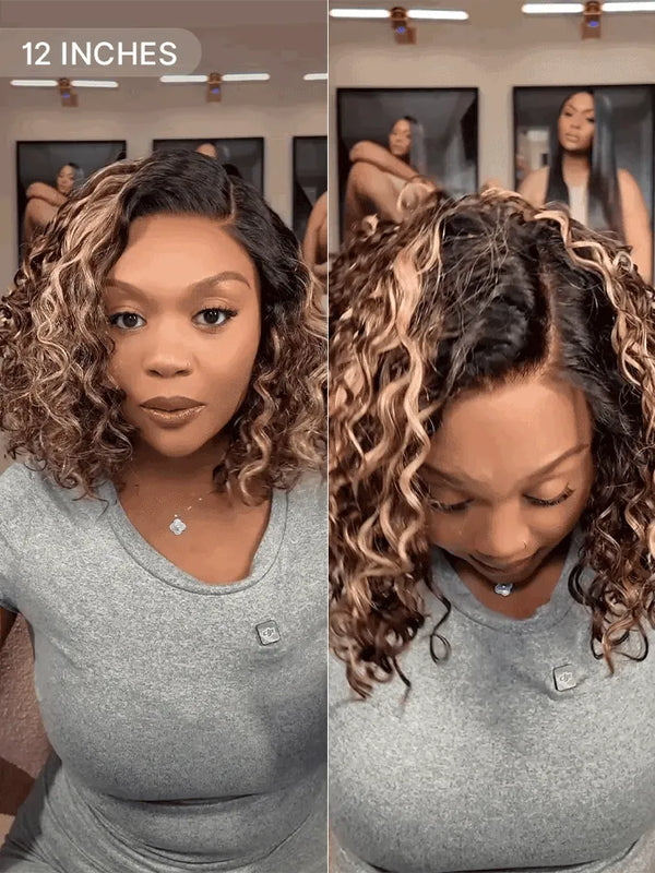 Ready to Go Blonde Highlight / Natural Black / Ombre Brown Water Wave Short Curly Bob Wig Glueless Minimalist HD Lace Wig Pre-Cut Lace