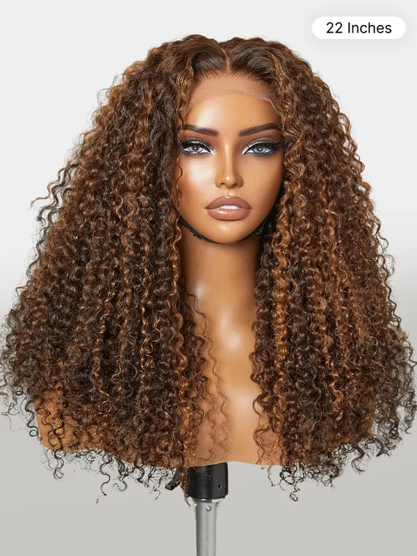 180% Density Copper Highlight Kinky Curly Glueless 5x5 Lace Closure Wig Pre-Cut Lace