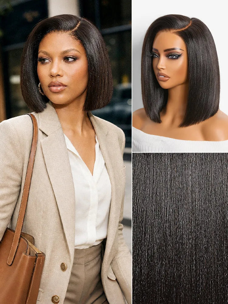 200% Density Natrual Black Yaki Straight Bob Glueless Minimalist Lace Wig Pre-cut Lace All-Day Comfort Cap Main image
