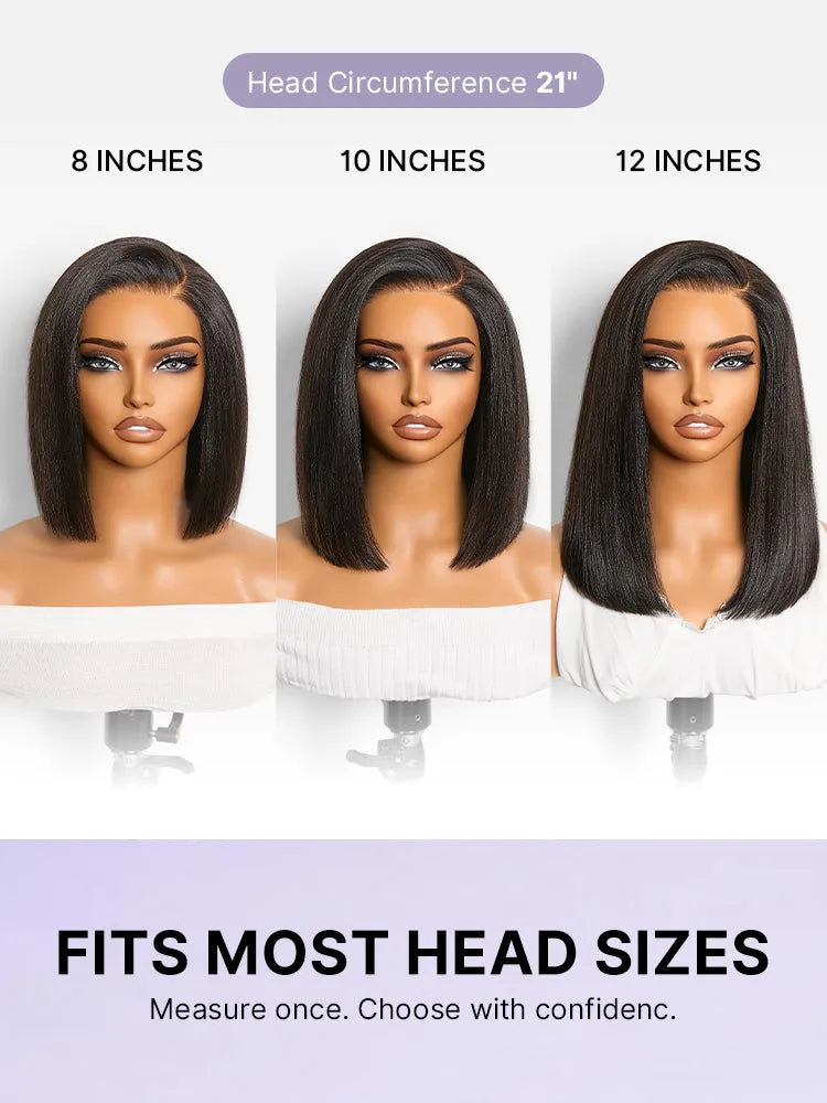 200% Density Natrual Black Yaki Straight Bob Glueless Minimalist Lace Wig Pre-cut Lace All-Day Comfort Cap