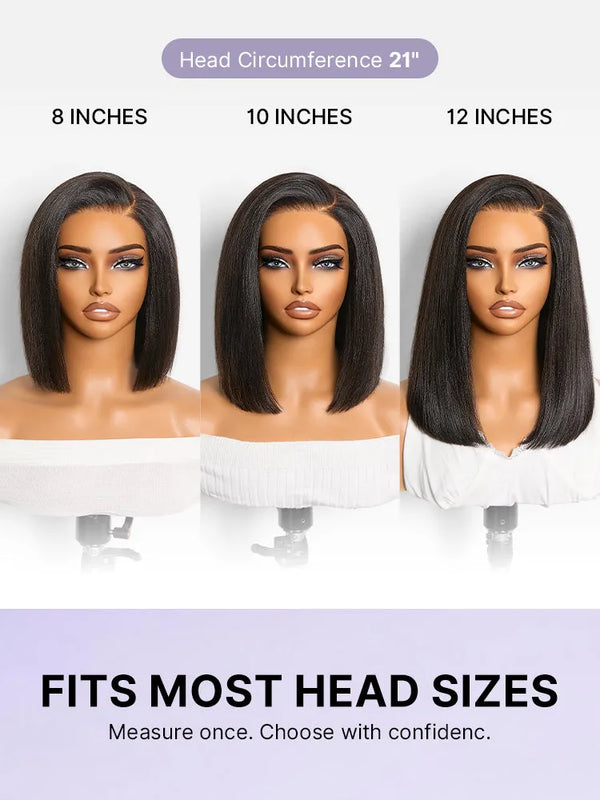 200% Density Natrual Black Yaki Straight Bob Glueless Minimalist Lace Wig Pre-cut Lace All-Day Comfort Cap