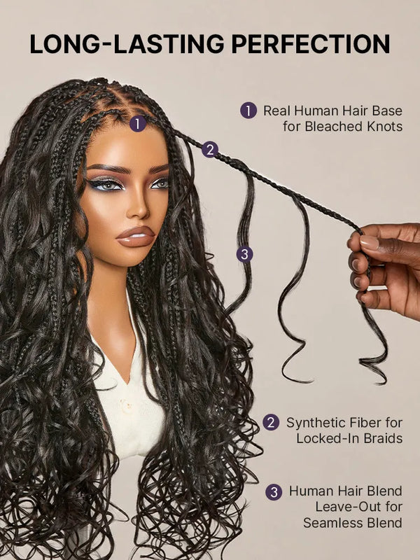 OwnScalp™ French Curl Knotless Boho Braids HD Full Lace Long Wig Flexi Fit Invisi Drawstring Cap - US Only