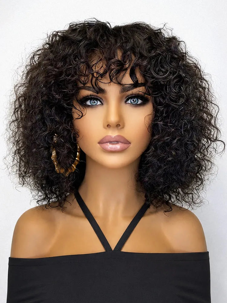Beginner Friendly Water Wave Minimalist Lace Glueless Short Curly Wig with Bangs Main image