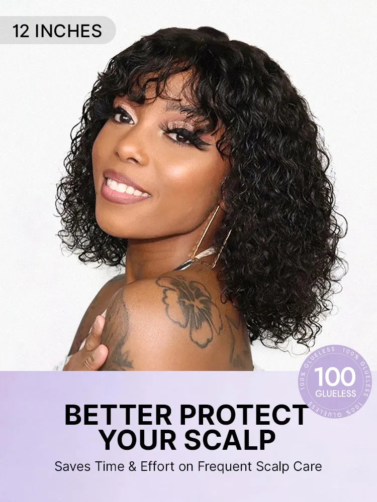 Beginner Friendly Water Wave Minimalist Lace Glueless Short Curly Wig with Bangs Secondary image