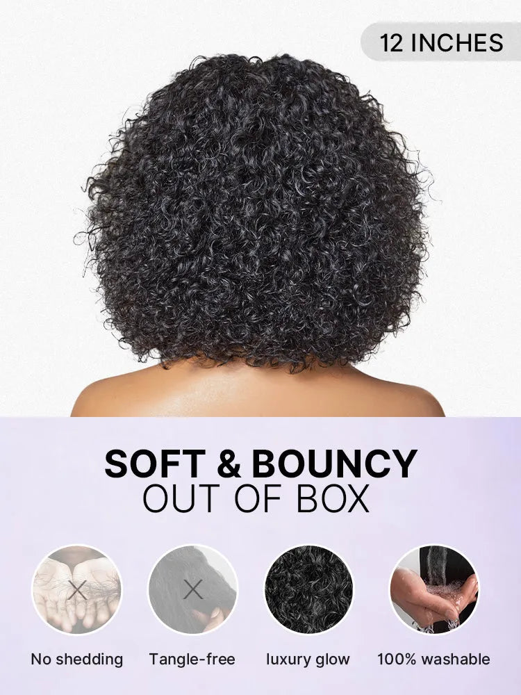 Beginner Friendly Water Wave Minimalist Lace Glueless Short Curly Wig with Bangs