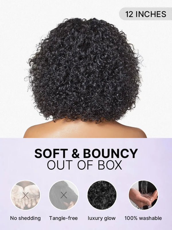 Beginner Friendly Water Wave Minimalist Lace Glueless Short Curly Wig with Bangs