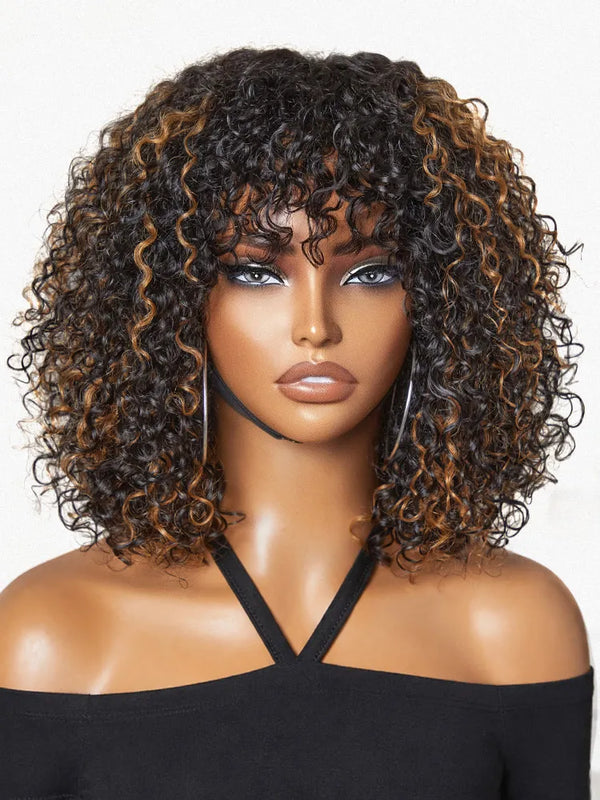 Beginner Friendly Water Wave Minimalist Lace Glueless Short Curly Wig with Bangs