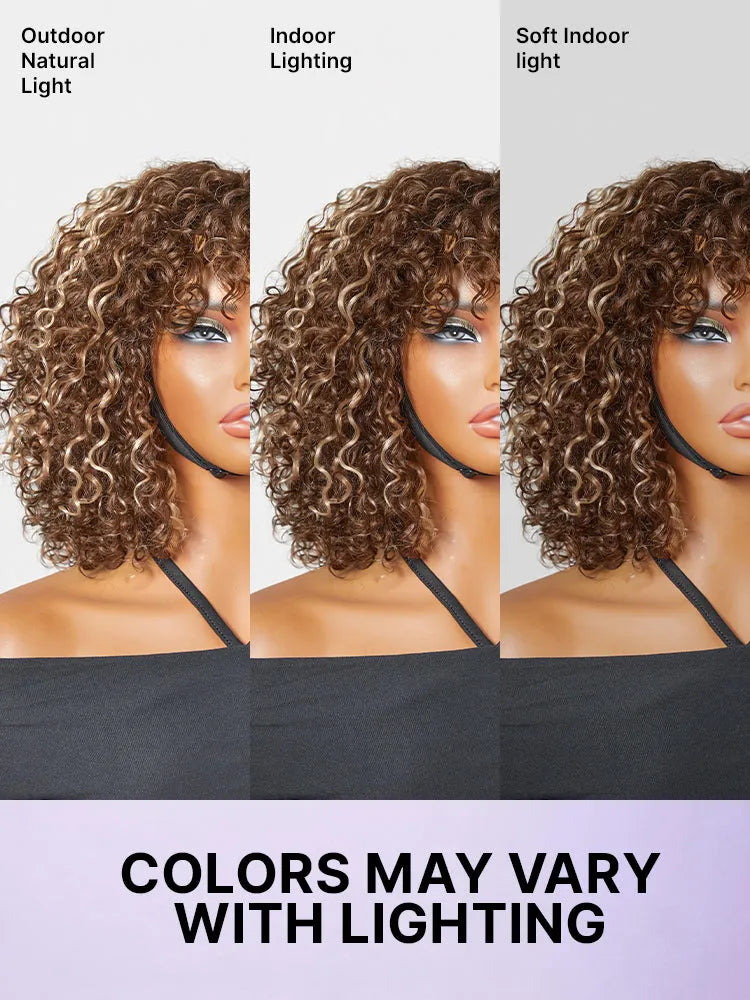 Beginner Friendly Water Wave Minimalist Lace Glueless Short Curly Wig with Bangs