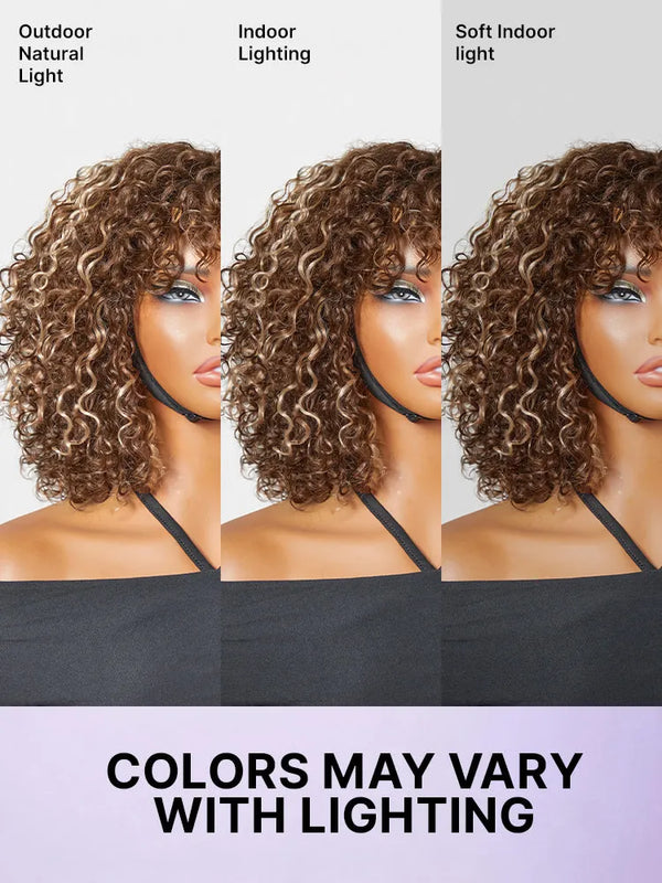 Beginner Friendly Water Wave Minimalist Lace Glueless Short Curly Wig with Bangs
