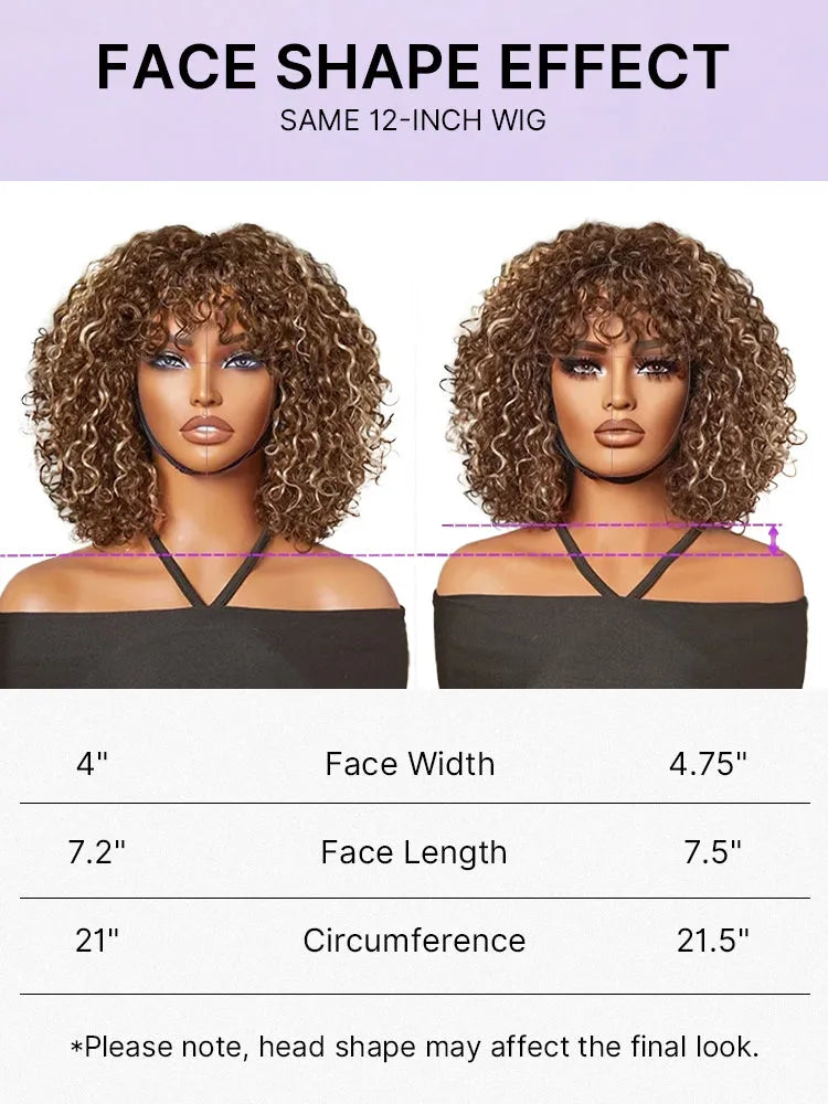 Beginner Friendly Water Wave Minimalist Lace Glueless Short Curly Wig with Bangs