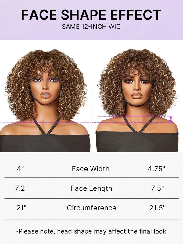 Beginner Friendly Water Wave Minimalist Lace Glueless Short Curly Wig with Bangs