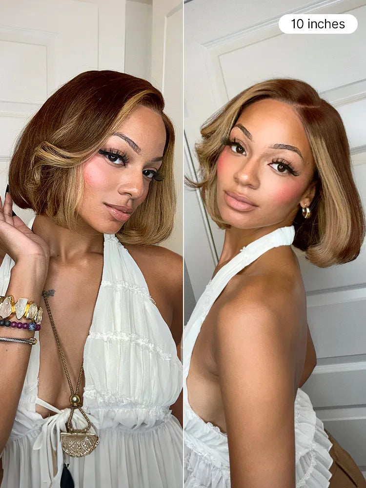 All-Day Comfort Honey Blonde Face-Framing Highlights Blow Out Layered Cut Glueless 5x5 Closure Lace Bob Wig Pre-cut Lace Secondary image