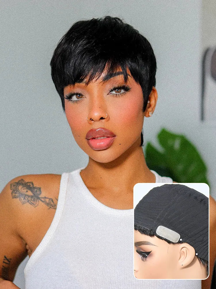 Throw On & Go Short Cut with Bangs Wig Ultra Comfort Skin-Like Soft Care Glueless Wig Hair Loss Friendly Main image