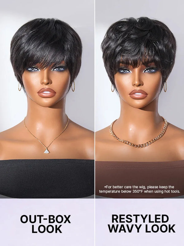 Throw On & Go Short Cut with Bangs Wig Ultra Comfort Skin-Like Soft Care Glueless Wig Hair Loss Friendly