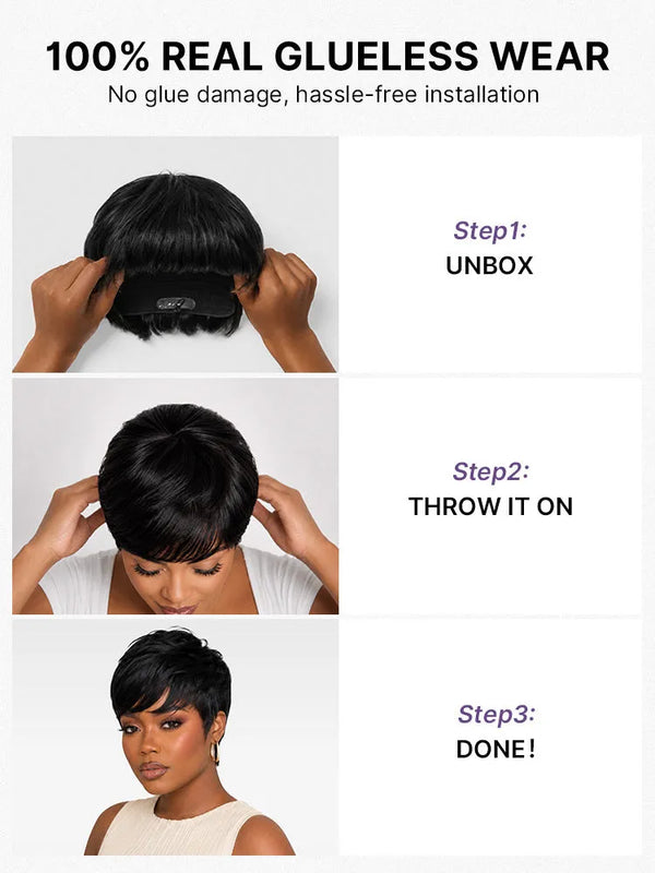 Throw On & Go Short Cut with Bangs Wig Ultra Comfort Skin-Like Soft Care Glueless Wig Hair Loss Friendly