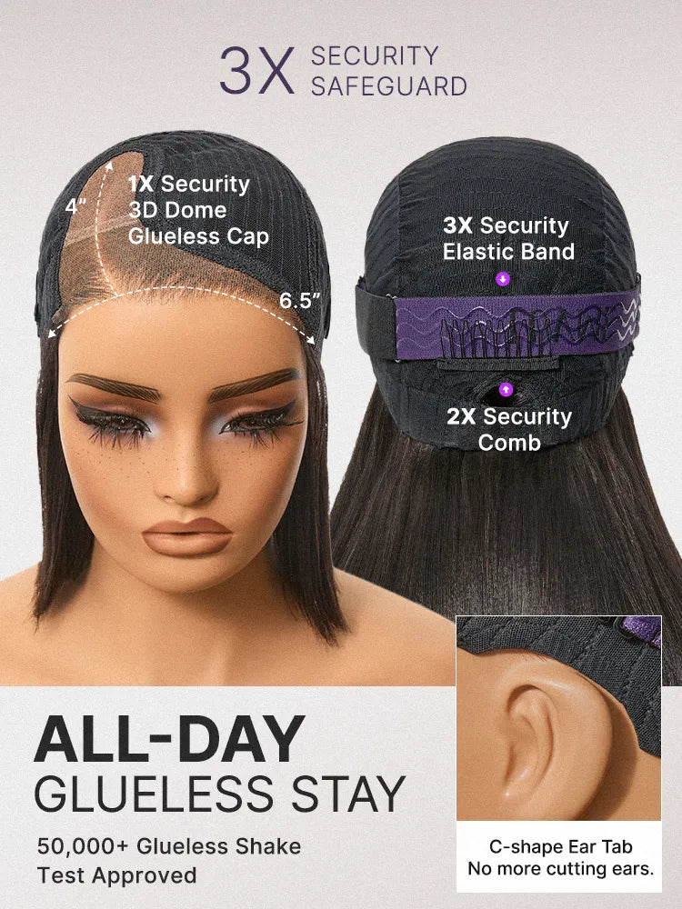 180% Density Sleek Short Bob Minimalist HD Lace Wig Pre-cut Lace All-Day Comfort Cap