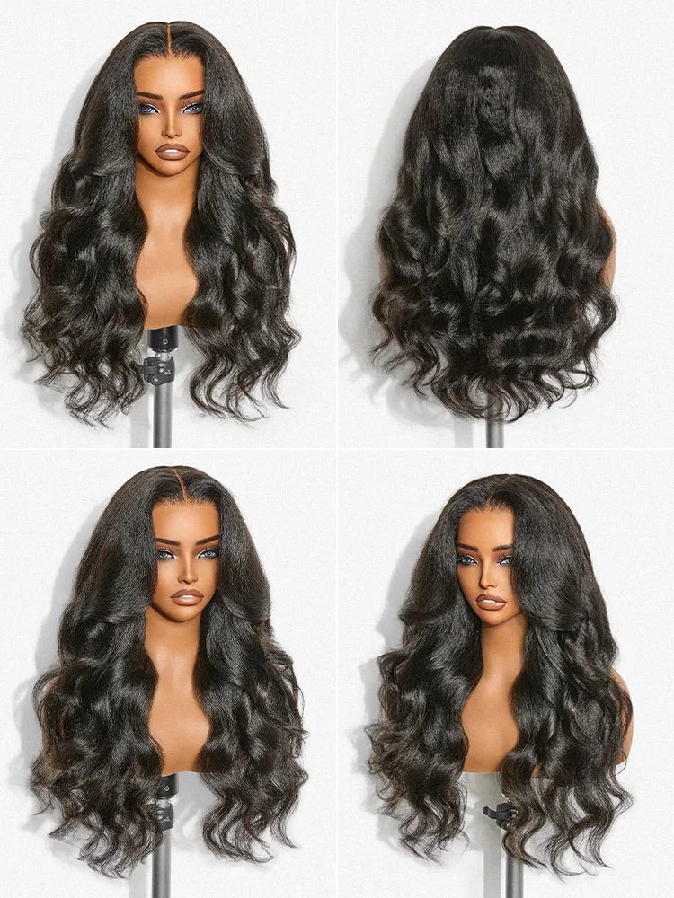 180% Density Light Kinky Straight Butterfly Cut Layered / Kinky Body Wave Glueless 7x6 Closure HD Lace Wig Pre-Cut Lace
