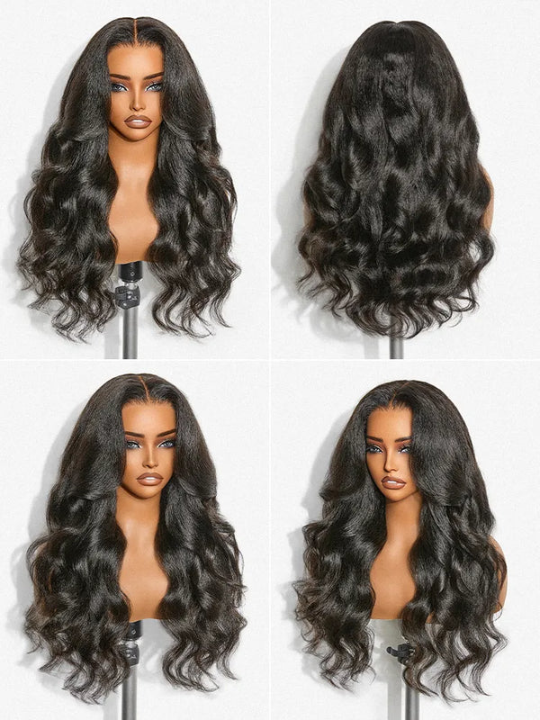 180% Density Light Kinky Straight Butterfly Cut Layered / Kinky Body Wave Glueless 7x6 Closure HD Lace Wig Pre-Cut Lace