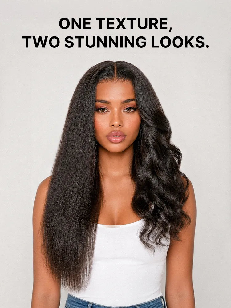 180% Density Light Kinky Straight Butterfly Cut Layered / Kinky Body Wave Glueless 7x6 Closure HD Lace Wig Pre-Cut Lace
