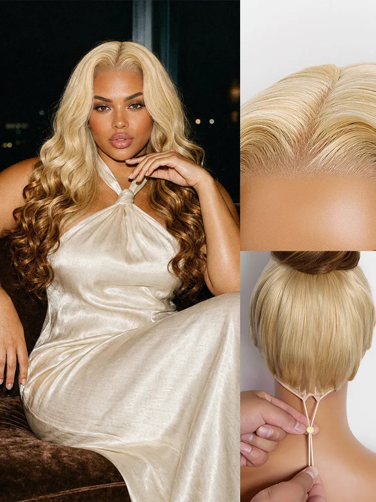 613 Blonde with Caramel Ombre Loose Wave 180% Density Human Hair 13×4 HD Lace Front Wig Pre-Cut Lace Secondary image